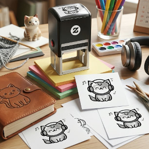 Carimbo Auto Entintado Gato de desenho animado Kawaii sorridente e feliz
