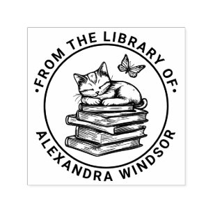 Carimbo Auto Entintado Gato Dormindo em Livros, Butterfly Library Book Na