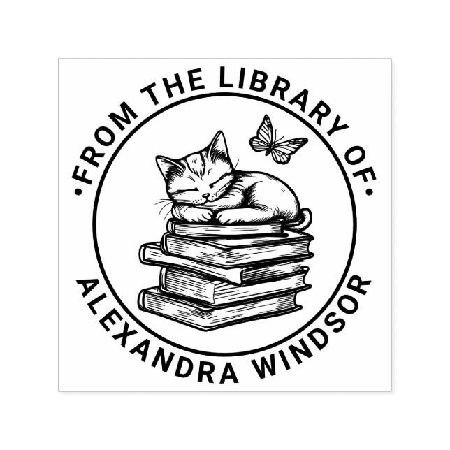 Carimbo Auto Entintado Gato Dormindo em Livros, Butterfly Library Book Na (Design)
