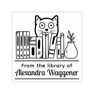 Carimbo Auto Entintado Gato Escondido Por Trás de Livros "da Biblioteca d
