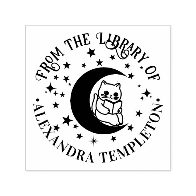 Carimbo Auto Entintado Gato Lendo, Lua Crescente Estrelas Nome do Livreto (Design)