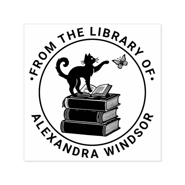Carimbo Auto Entintado Gato nos Livros Espancando Biblioteca de Borboleta (Design)