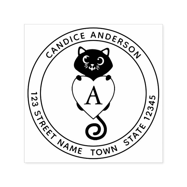 Carimbo Auto Entintado Gato Preto Cinto Com Monograma Cardíaco (Design)