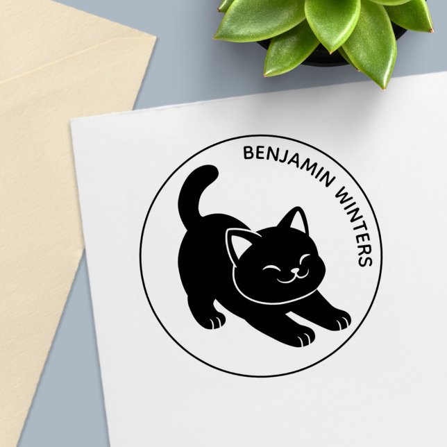 Carimbo Auto Entintado Gato Preto Esticado Texto Personalizado (Criador carregado)