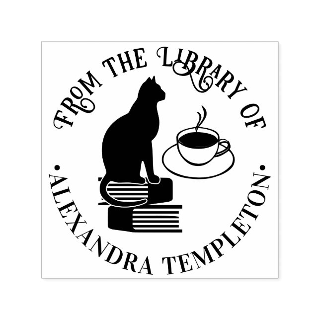 Carimbo Auto Entintado Gato Sentado em Livros, Nome da Biblioteca de Café (Design)