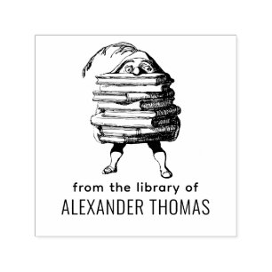 Carimbo Auto Entintado Gnomo Elfo Carregando Enorme Pilha de Livros Nome