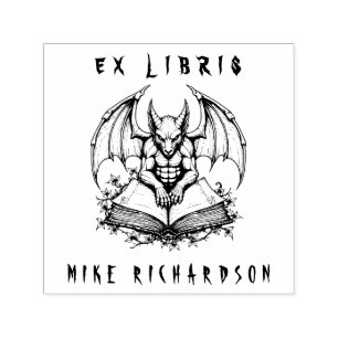 Carimbo Auto Entintado Gótica Gargoyle Guardando Livro Horror Ex Libris