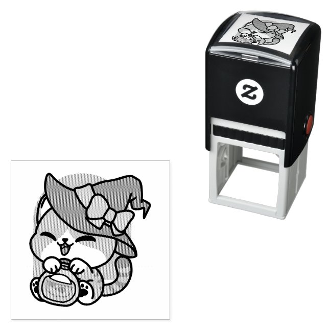 Carimbo Auto Entintado Halloween Tabby Cat – Witch Hat & Potion Art (In Situ)