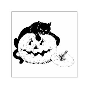 Carimbo Auto Entintado ~ HALLOWEEN ~ Vintage Cat Pumpkin desenho ~