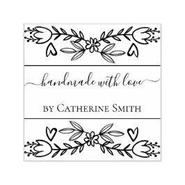 Carimbo Auto Entintado Handmade with Love flower Rubber Stamp