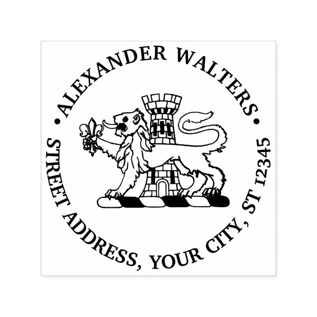 Carimbo Auto Entintado Heraldic Lion Fleur de Lis Castle Endereço Redondo (Design)