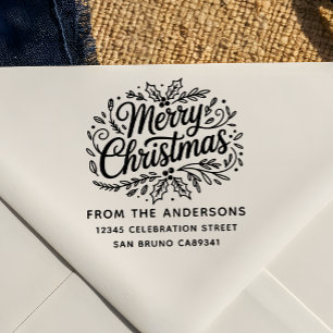 Carimbo Auto Entintado Holly Merry Christmas Family Name Endereço de devo
