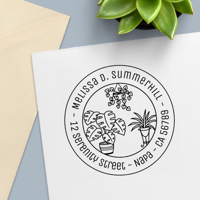Carimbo Auto Entintado Houseplants Hobby Round Address (Criador carregado)