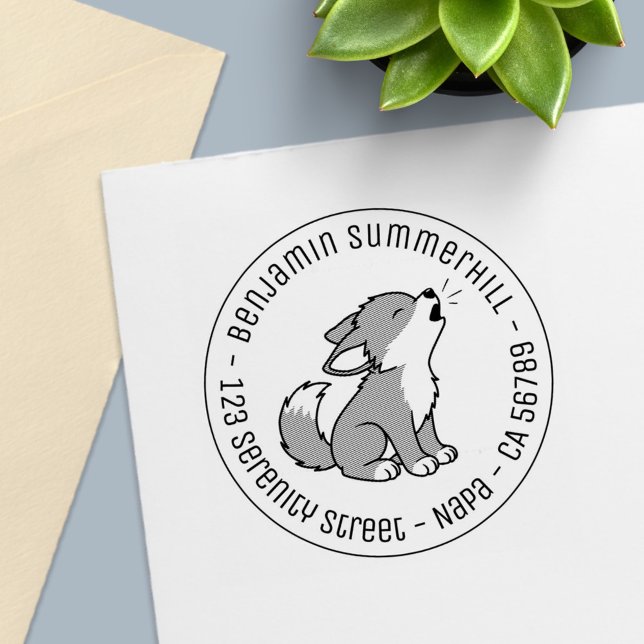 Carimbo Auto Entintado Howling Cinza Wolf Pup Endereço Redondo (Criador carregado)