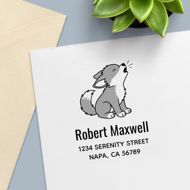 Carimbo Auto Entintado Howling Gray Wolf Pup Address (Criador carregado)