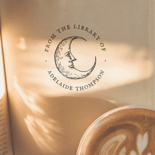 Carimbo Auto Entintado Ilustração Vintage da Lua da Biblioteca do Livro