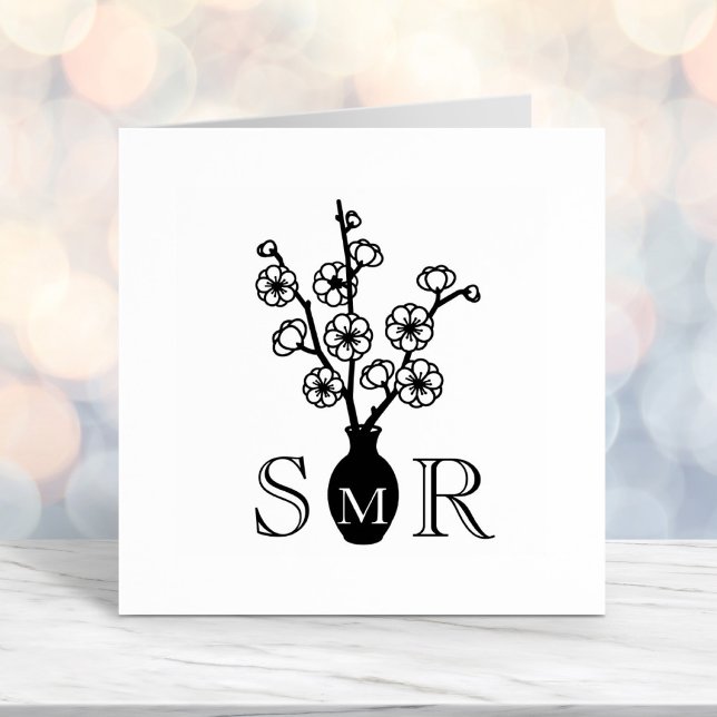 Carimbo Auto Entintado Iniciais do Monograma do Vaso de Cereja Sakura (Criador carregado)