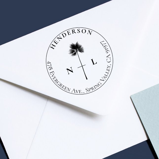 Carimbo Auto Entintado Iniciais e Endereço de Casamento Tropical de Palma (Criador carregado)