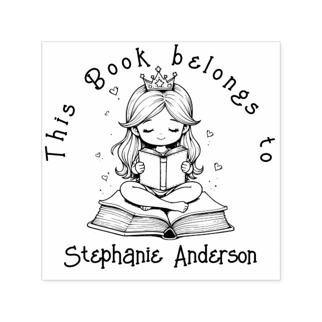 Carimbo Auto Entintado Kawaii Princess Book Reading Crown Hearts Library (Design)