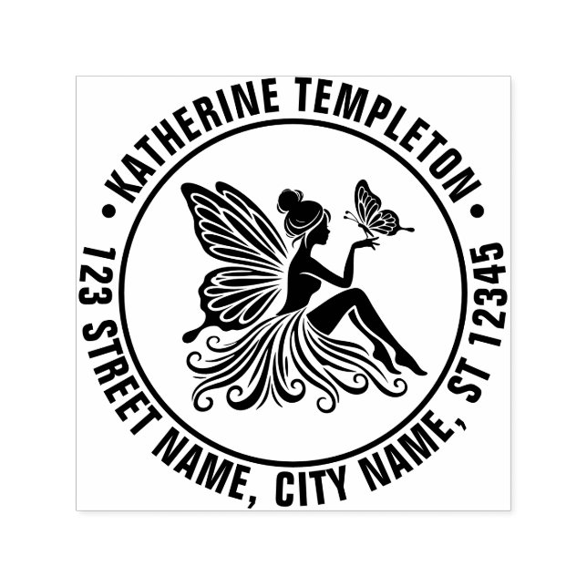 Carimbo Auto Entintado Lady Fairy Holding Butterfly Nome Endereço de Devo (Design)