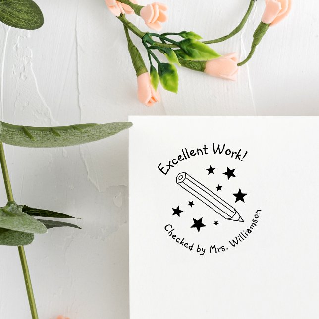 Carimbo Auto Entintado Lápis Amarelo e Estrelas Excelente Professora de T (Criador carregado)