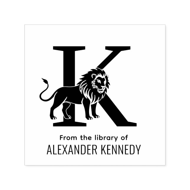 Carimbo Auto Entintado Leão em pé silhueta sobre livro de nome inicial ún (Design)