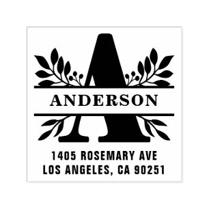 Carimbo Auto Entintado Letra A Clássica Família Foliage Endereço Monogram