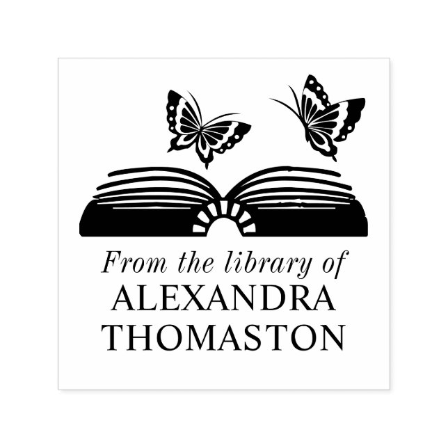 Carimbo Auto Entintado Livro Aberto com Duas Borboletas Nome do Livro da  (Design)