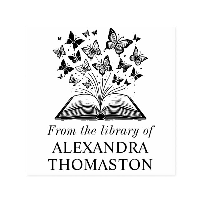 Carimbo Auto Entintado Livro com Borboletas #2 Nome do Livro de Bibliotec (Design)