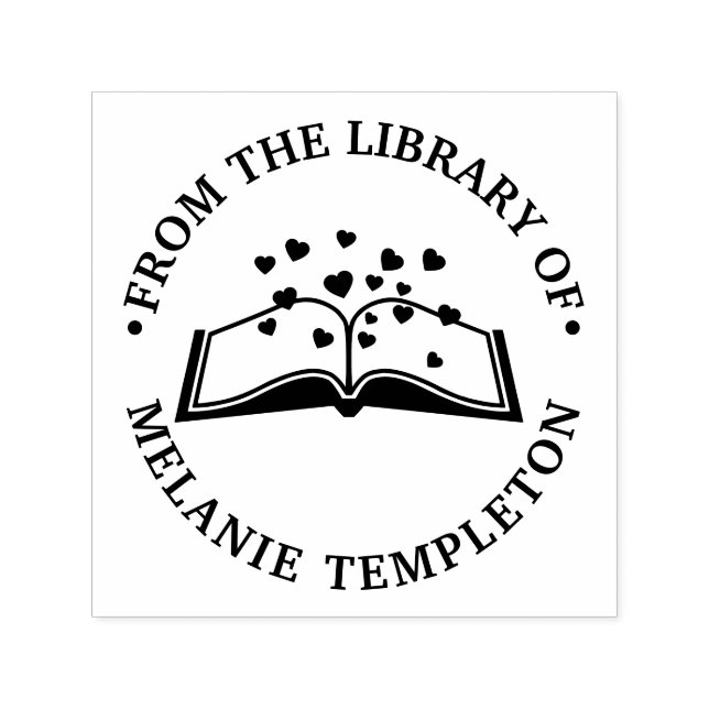 Carimbo Auto Entintado Livro com Corações #1A “Da biblioteca de” Rodada (Design)