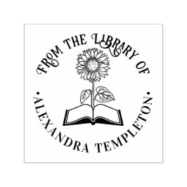 Carimbo Auto Entintado Livro com Girassol “Da biblioteca de” Redondo
