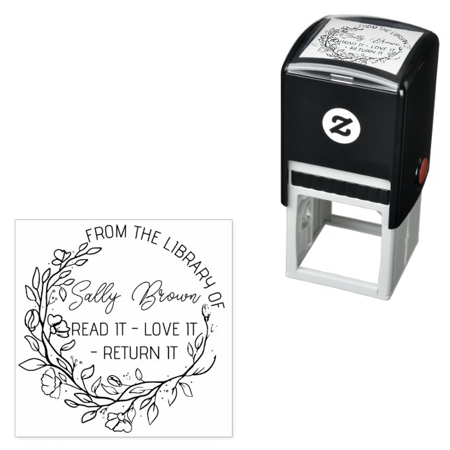 Carimbo Auto Entintado Livro da biblioteca de livraria selo floral person (In Situ)
