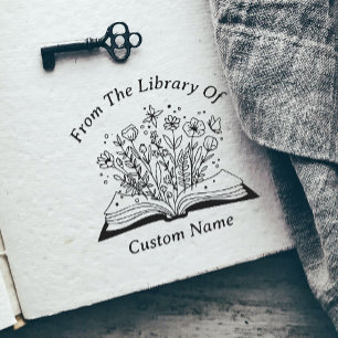 Carimbo Auto Entintado Livro e Flores da biblioteca do livro seu nome
