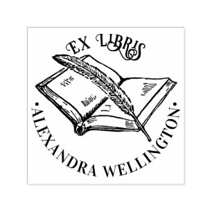 Carimbo Auto Entintado Livro e Pena Ex Libris Nome do Livro da Biblioteca