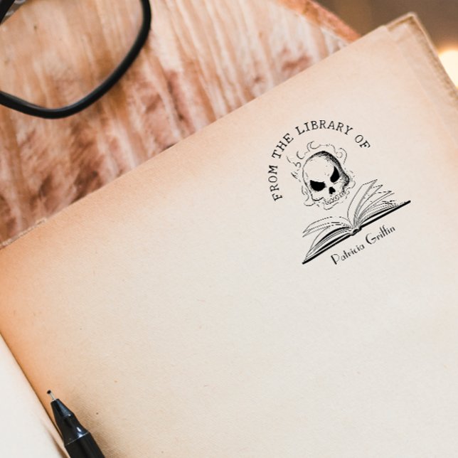 Carimbo Auto Entintado Livro Personalizado Gótico Da Biblioteca Do Crânio (Criador carregado)
