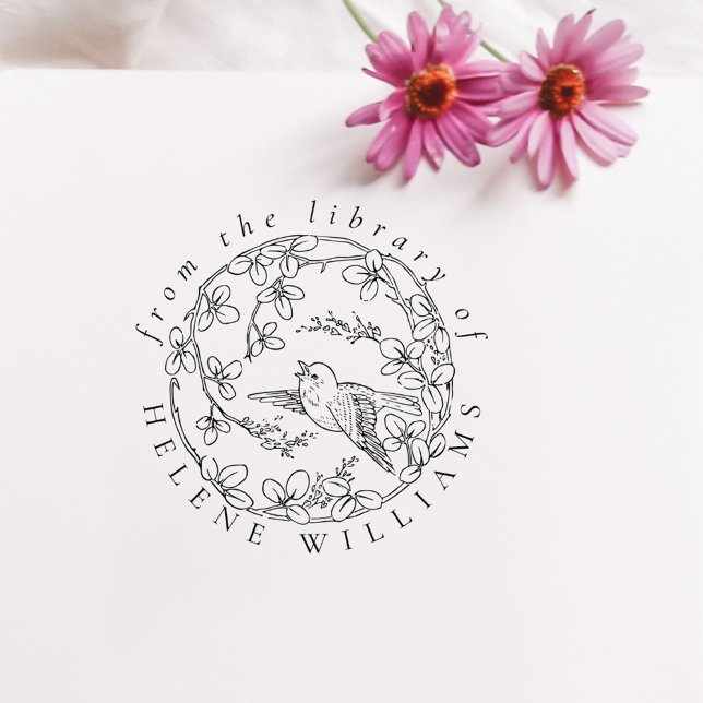 Carimbo Auto Entintado Livros de Biblioteca Personalizada de Aves Florais (Vintage Floral Bird Custom Library Books Self-inking Stamp)