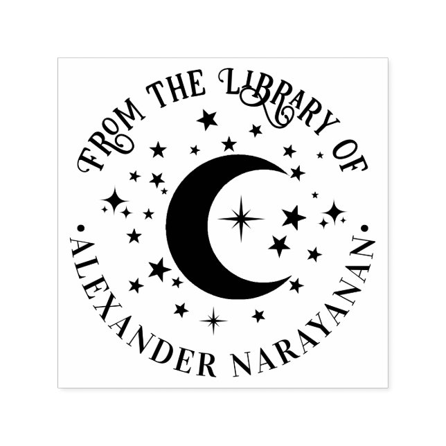 Carimbo Auto Entintado Lua Crescente e Estrelas “Da biblioteca de” Nome (Design)