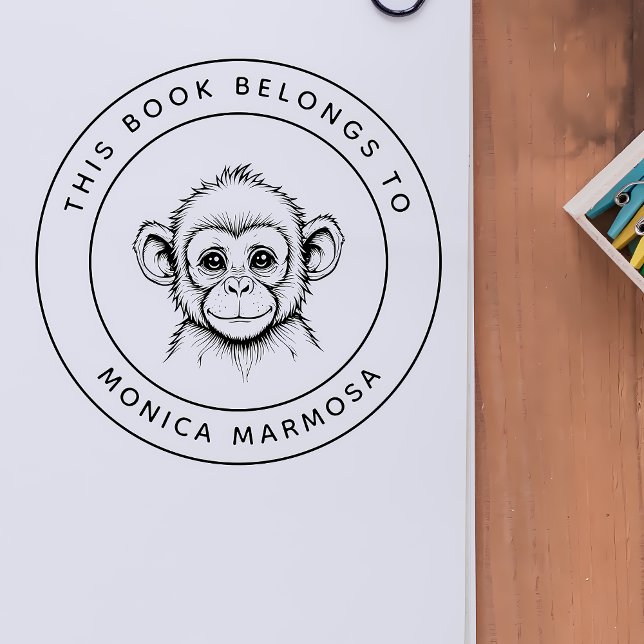 Carimbo Auto Entintado Macaco-Bebê Bonito Este Livro Pertence Ao Nome Da  (Criador carregado)