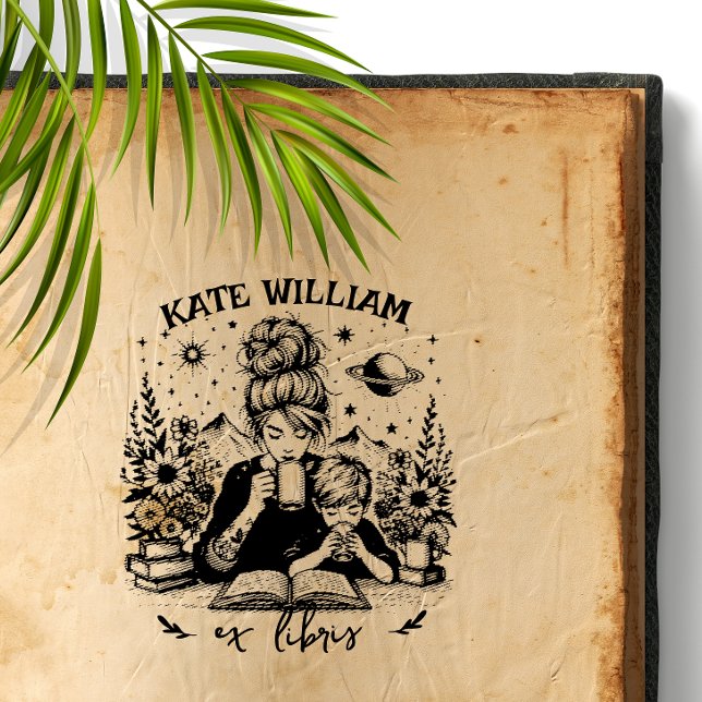 Carimbo Auto Entintado Mãe e filho com o livro Personalizar ex-líbris (Criador carregado)