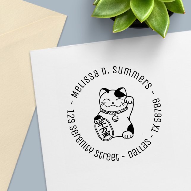 Carimbo Auto Entintado Maneki Neko Japonês Lucky Cat Round Endereço 2 (Criador carregado)