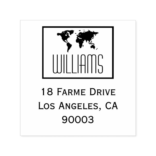Carimbo Auto Entintado mapa mundial com endereço de retorno, preto quadra (Design)