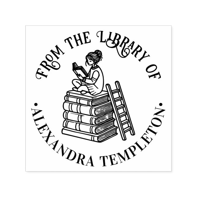 Carimbo Auto Entintado Menina Sentada em Livros Lendo #3 Nome do Livro da (Design)