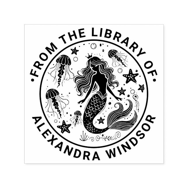 Carimbo Auto Entintado Mermaid Starfish Jellyfish Biblioteca Nome (Design)