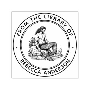 Carimbo Auto Entintado Merman no Rocks Ex Libris Bookplate Library Book