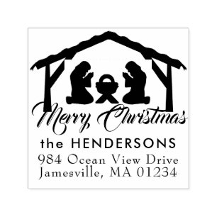 Carimbo Auto Entintado Merry Christmas Manger Scense Endereço de Devoluçã