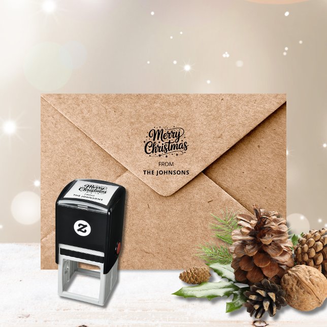 Carimbo Auto Entintado Merry Christmas Typography Logo Name (Merry Christmas logo custom name red self inking stamp)