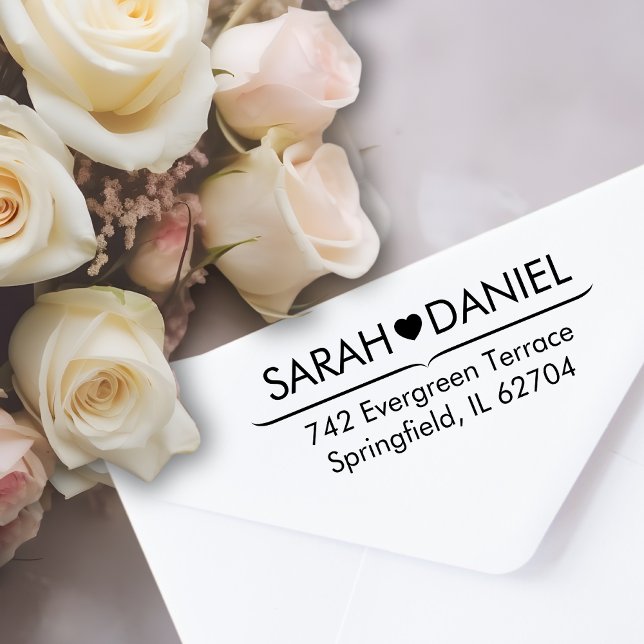 Carimbo Auto Entintado Minimal Heart Line Custom Name & Address Wedding  (Sarah & Daniel Roses)