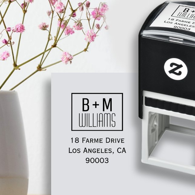 Carimbo Auto Entintado monograma com endereço de retorno preto/branco (Criador carregado)