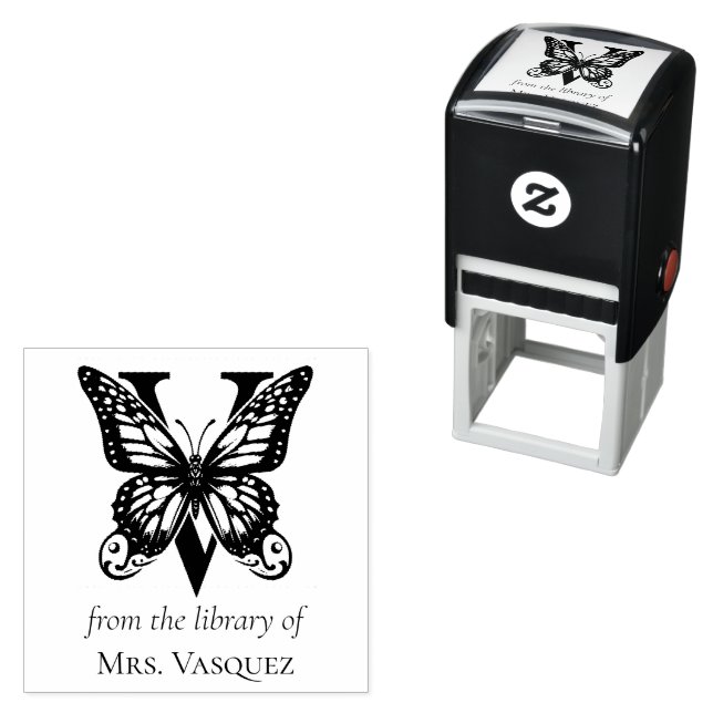 Carimbo Auto Entintado Monograma de Borboleta com a Letra V Da Biblioteca (In Situ)