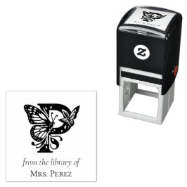 Carimbo Auto Entintado Monograma de Borboleta da Letra P Da Biblioteca De